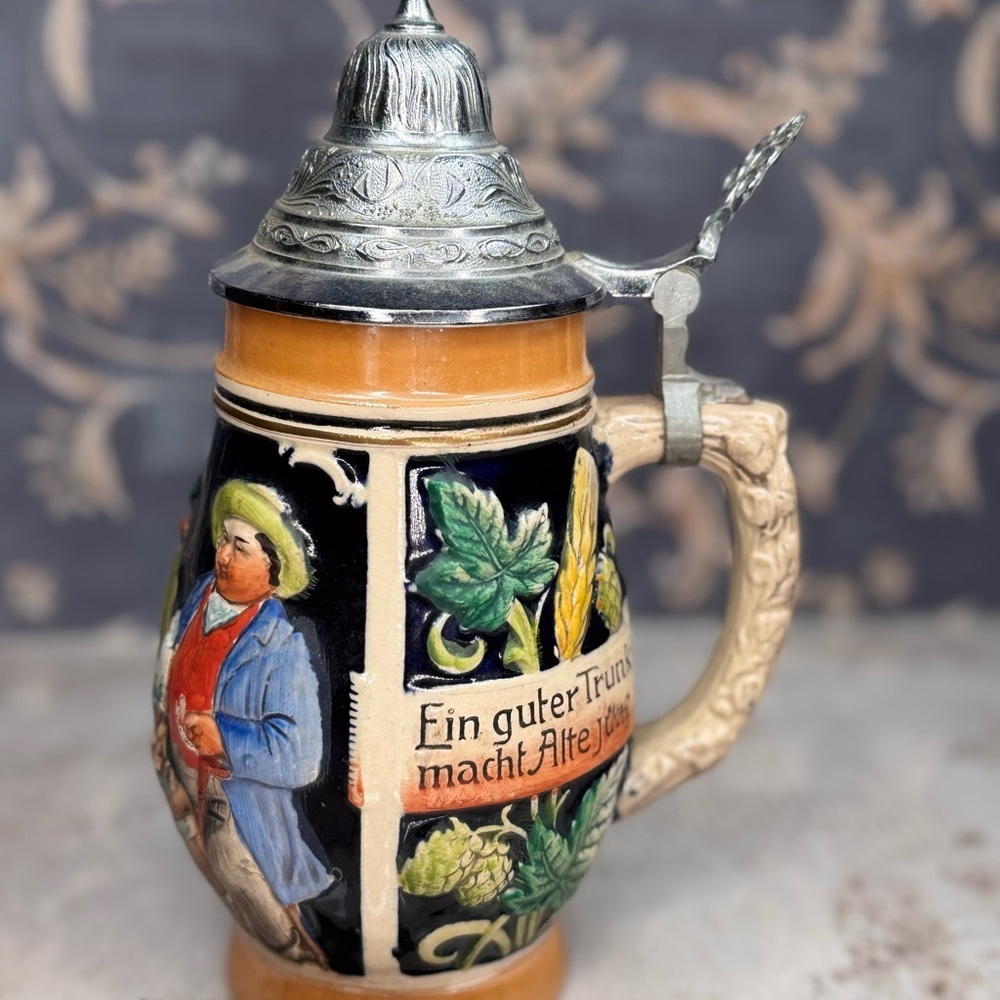 Vintage West German Beer Stein Pewter Lid Tavern Scene Relief Breweriana - Picture 8 of 11